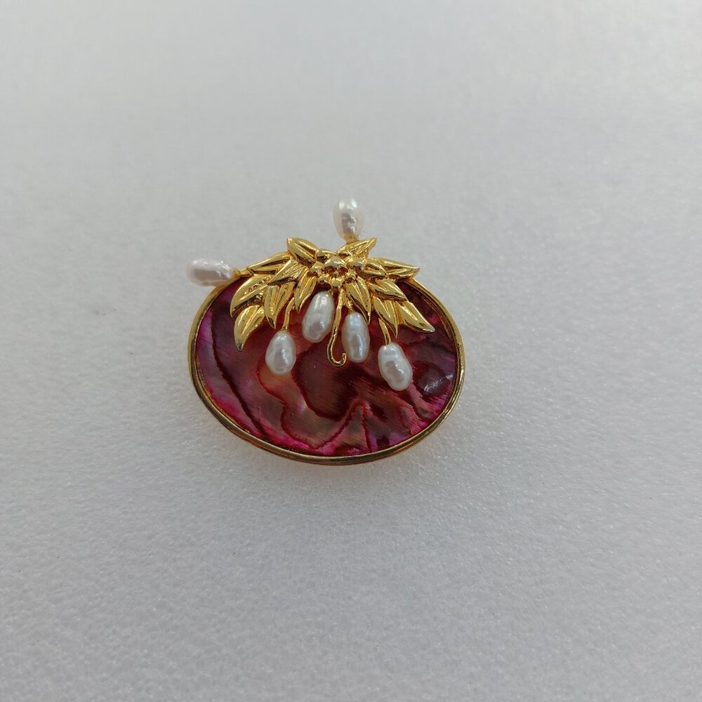 Vintage Pin Brooch by Duri Gold Tone Abalone Pink Inlay Freshwater Pearls
